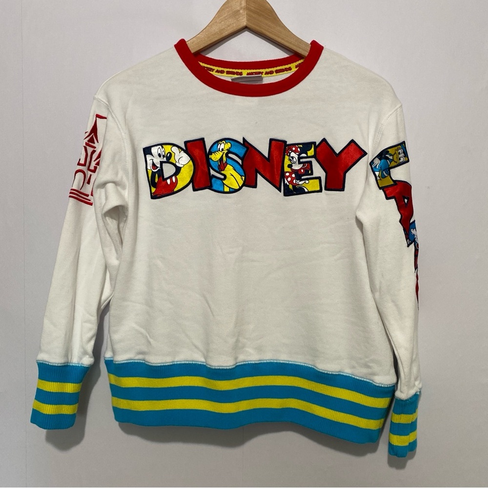 Disney Mickey & Friends Sweatshirt XS White Colorblock Logo Crewneck‎ Pullover